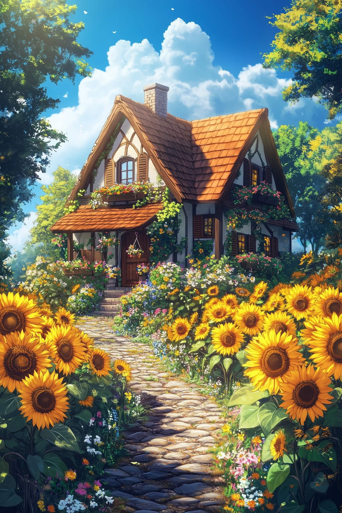 Cottage im Sonnenblumenfeld