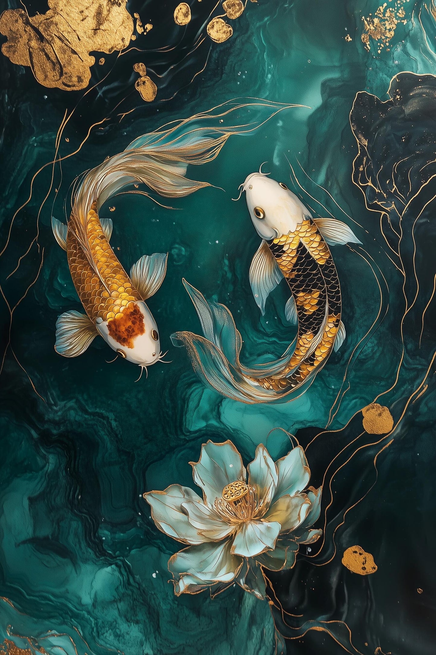 Lotus und Koi im Goldschimmer